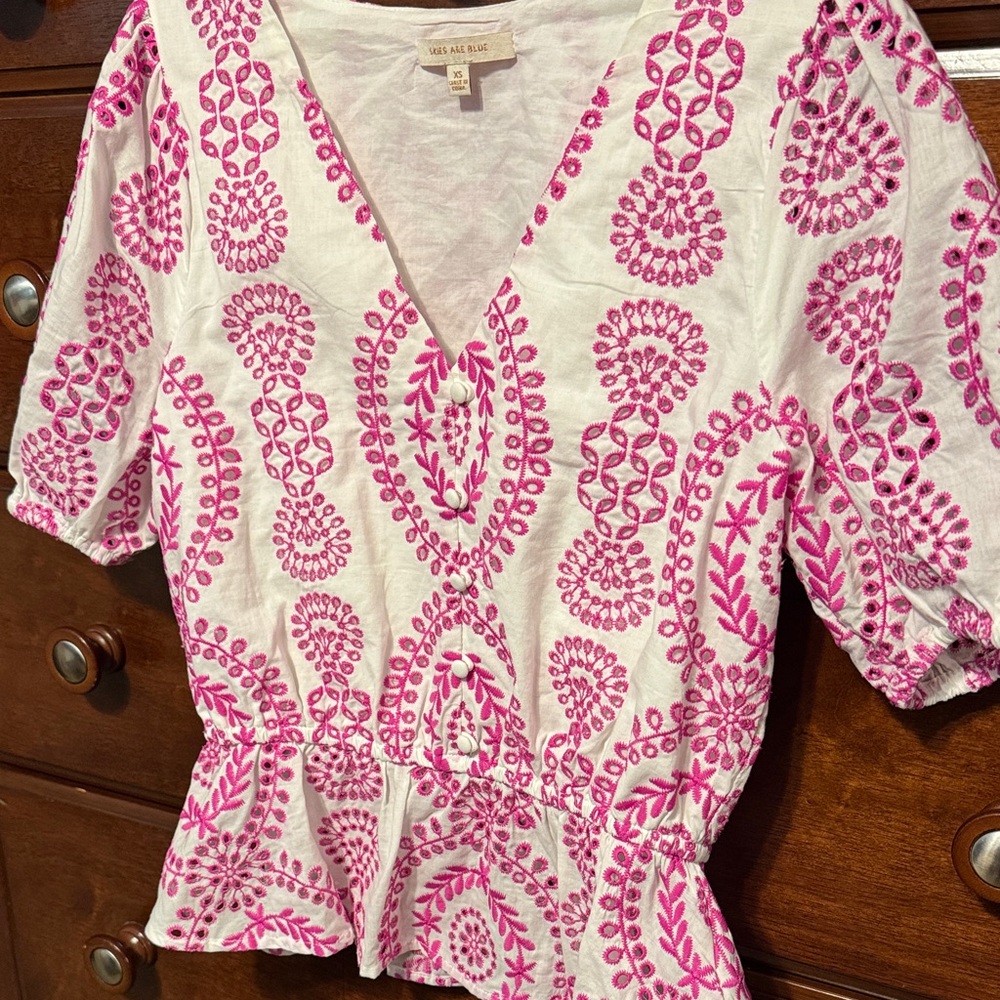 Skies Are Blue White and Pink Embroidered Blouse